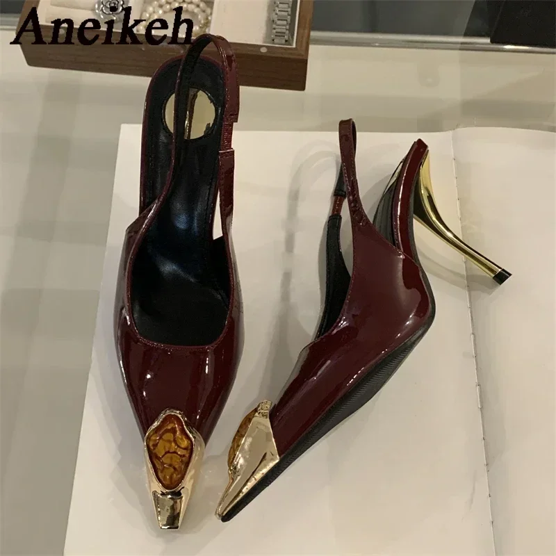 Aneikeh New Fashion Ultra Luxurious Gemstone Pointed Sandals Patent Leather Toe High Heel Design Stripper Slingback Pumps Shoes