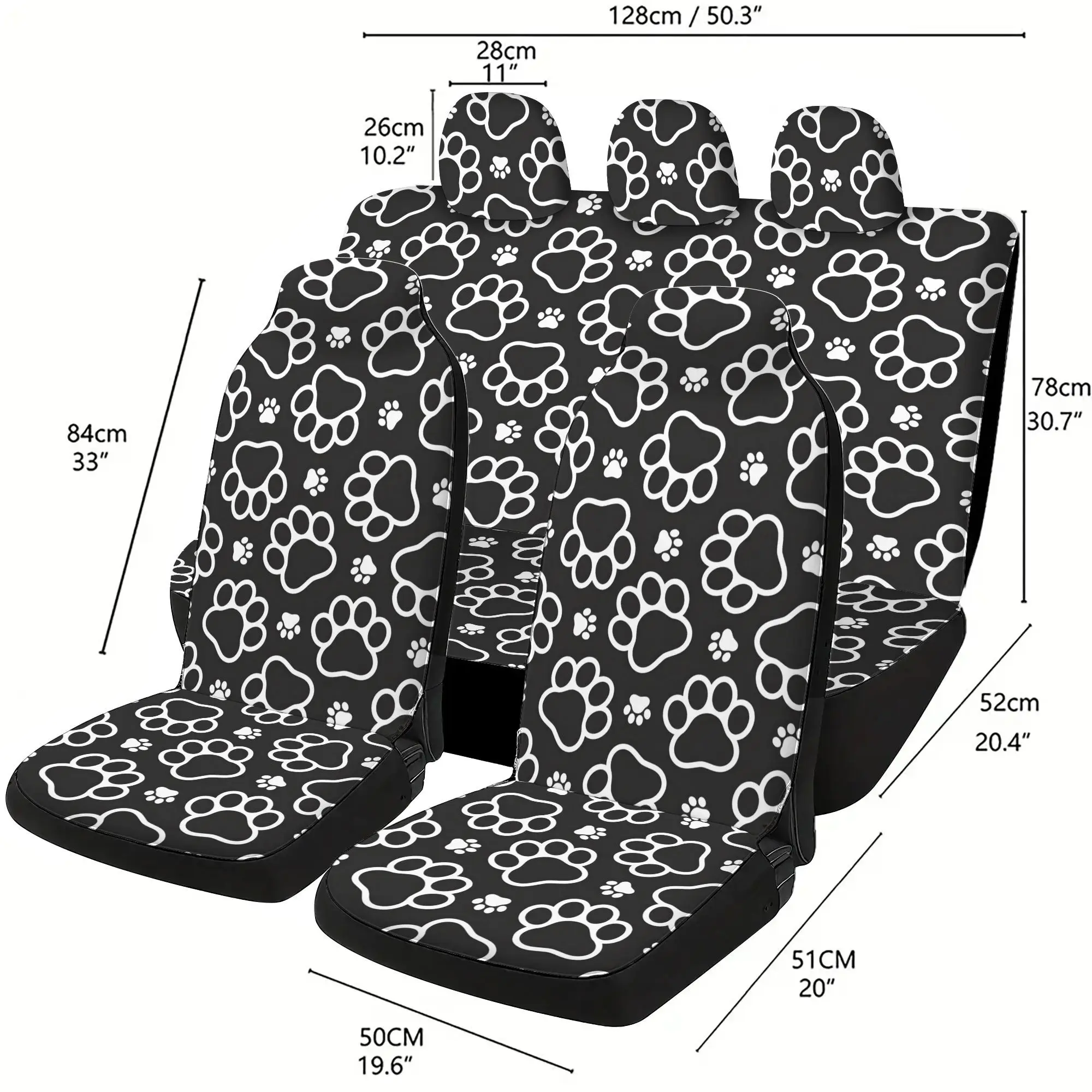 Black White Outline Dog Paws 5-Seat Car Seat Covers Full Set, 2 Front Seats 3 Headrest Covers Cushion Backrest Universal Fashion