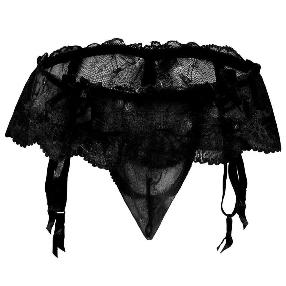 Men\'s Sexy Lace Sheer Underwear Thong Briefs Sissy U-Convex Pouch Panties Garter Belt Lingerie Stretch Ruffled Skirts Male Pants