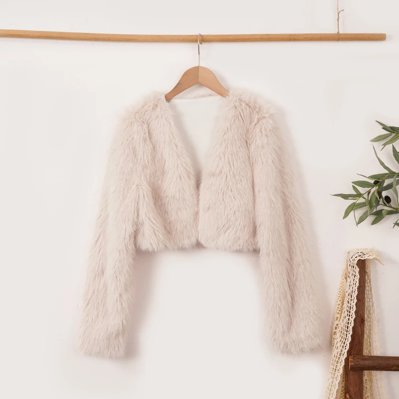 Chique dames nepbont crop korte dikke jassen warm harig vest met lange mouwen jassen winter elegante dame straat zwart uitloper