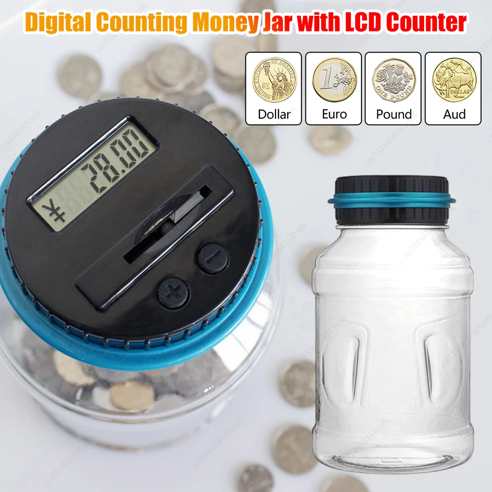 Electronic Digital Counting Money Jar with LCD Counter Digital Coin Bank Savings Jar Coin Counter Bank for Dollar Euro Pound Aud