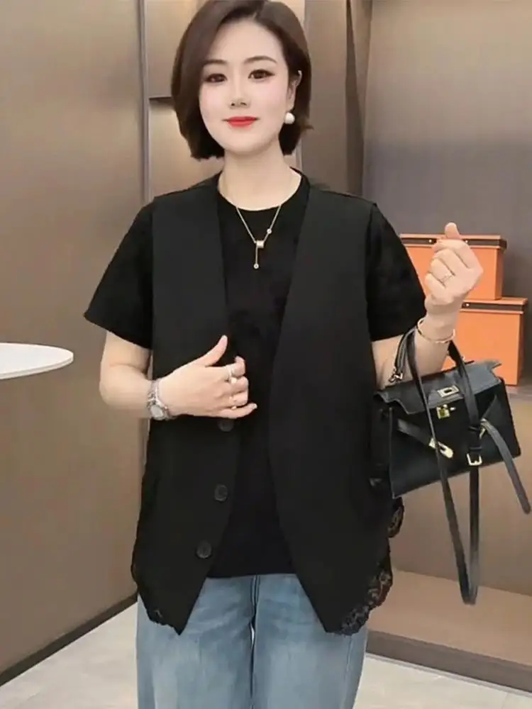 เสื้อกั๊กลูกไม้เกาหลีสเลผู้หญิงแฟชั่นอเนกประสงค์ฤดูร้อนดีไซน์ใหม่ความรู้สึกขนาดเล็กคุณภาพสูงความรู้สึกระดับท็อป