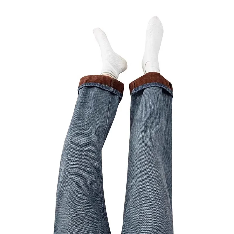 Fce doublé étoilé à motifs vintage taille haute jambe droite jean en jean femme ample minceur version étroite chaud large...