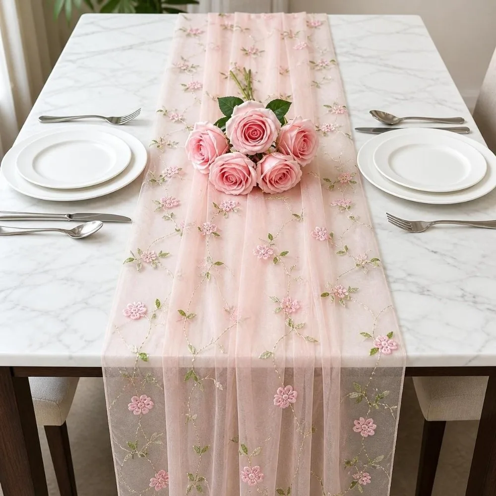 70x280cm Embroidered Table Runner Polyester Material Semi-Transparent Gauze Tulle Table Decor Retro Style Embroidery Design