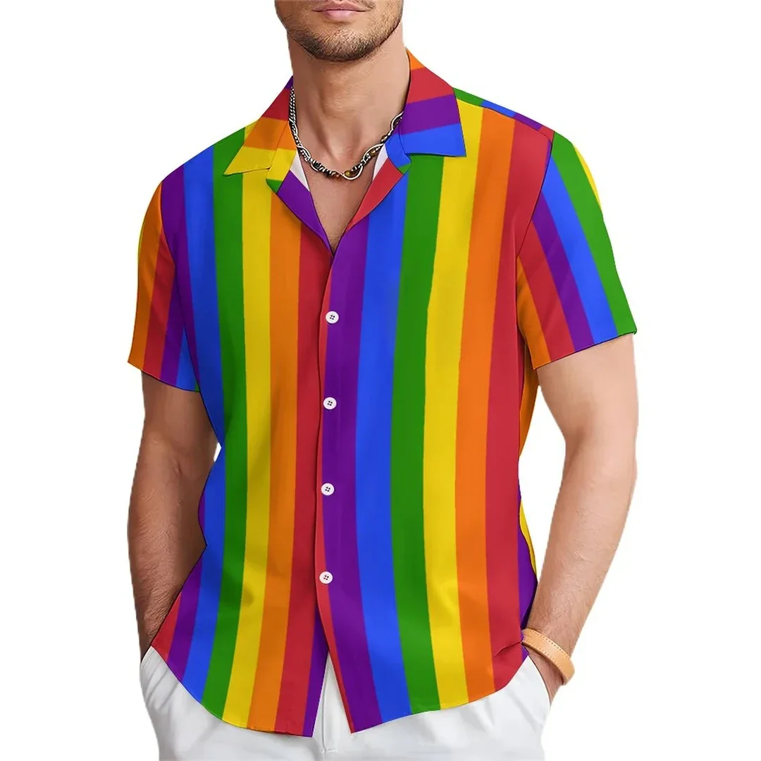

2024 new summer men's shirts rainbow striped casual short-sleeved shirts 3D HD full body printing shirts versatile fashion comfo