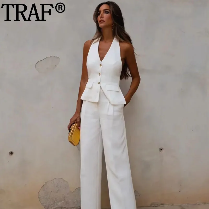 TRAF Halter Neck White Crop Top Women Sleeveless Tank Top Female Summer Backless Vest Top Woman Streetwear Beach Tops Waistcoat