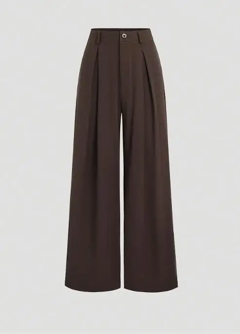 カジュアル無地ハイウエストプリーツデザインスリムでエレガントなワイドレッグパンツ秋プラスサイズ女性通勤ワイドレッグパンツ