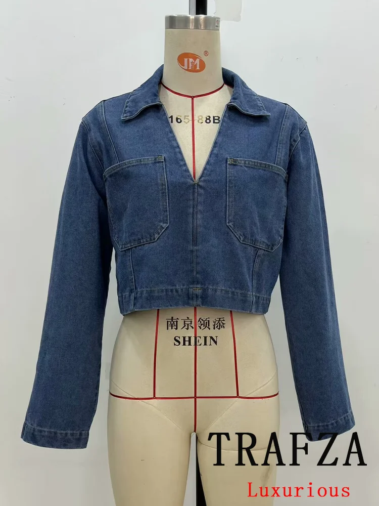 TRAFZA Vintage Casual Chic Solid Denim Koszule damskie V-Neck Kieszenie Pullover Krótka bluzka Nowa moda 2024 Jesienne topy damskie