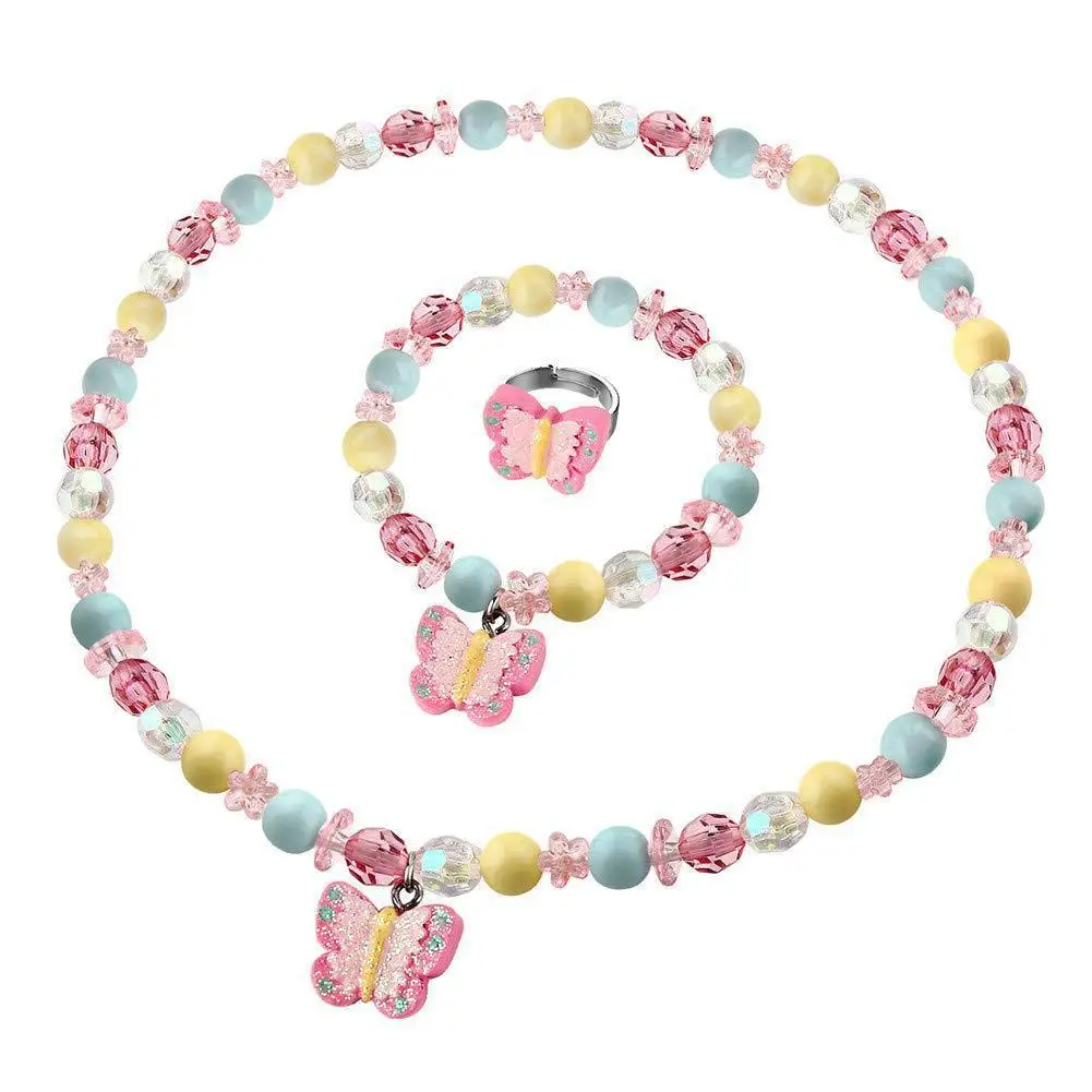 Children's gift necklace set Resin butterfly pendant Rhombus bead elastic rope necklace Children's colored bead butterfly neckla