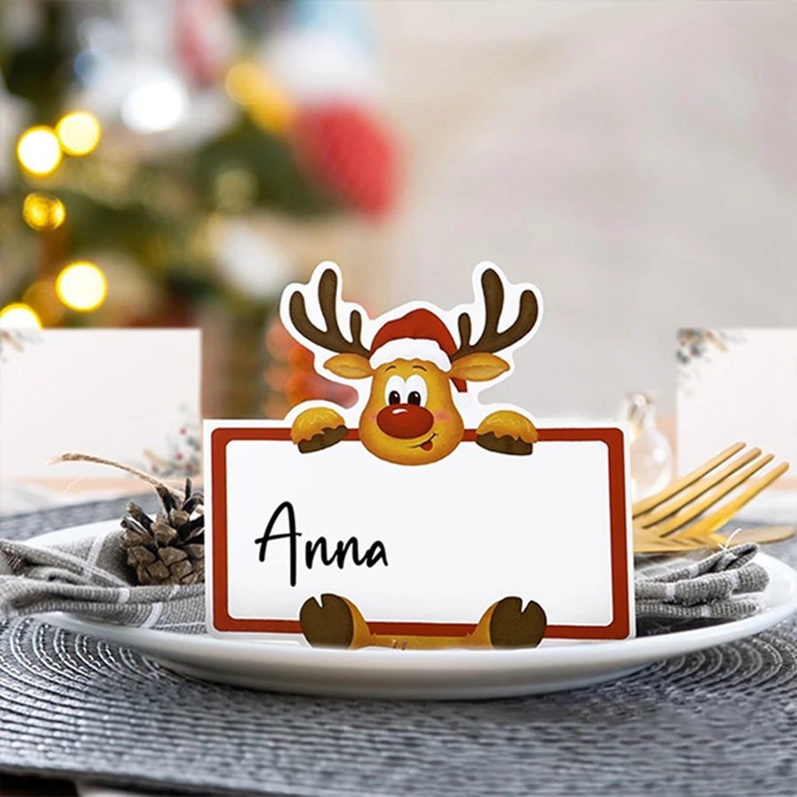 

50PCS Christmas Reindeer Table Seating Names Decoration Cards Paper Seat Card for Holiday Table Decorations