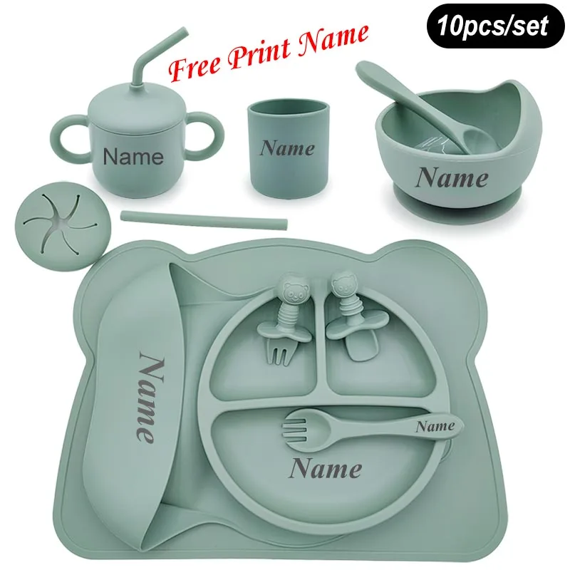 Silicone Baby Feeding Set 10Pcs Children Tableware Set Personalized Name Plates Bowls Placemats Spoon Fork For Kids Newborn Gift