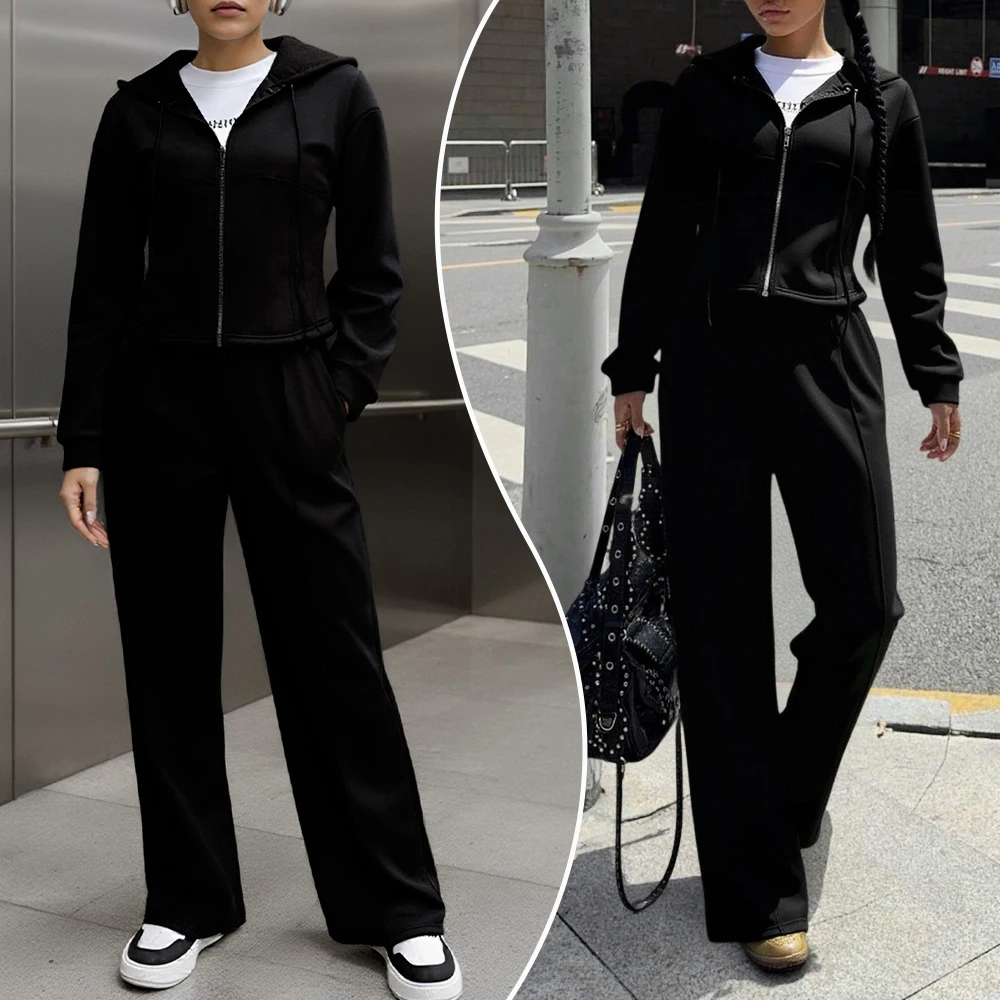 Women's Two Piece Sets Autumn Spring Modern Casual Wear Woman Clothing Hoodie and Jogger Set Full Zipper Black Sport Suit