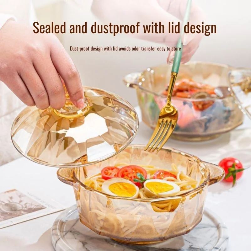 

Amber Diamond Crystal Glass Noodle Bowl with Lid Salad Bowl Double Eared Pot Double Eared Soup Pot Wear-resistant Anti-scalding