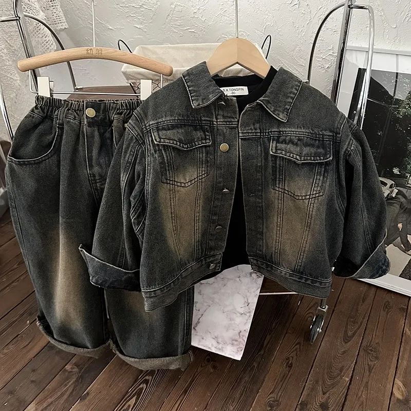 

Boys' clothing set Spring and Autumn style new children's retro jacket Korean version loose jeans two-piece set