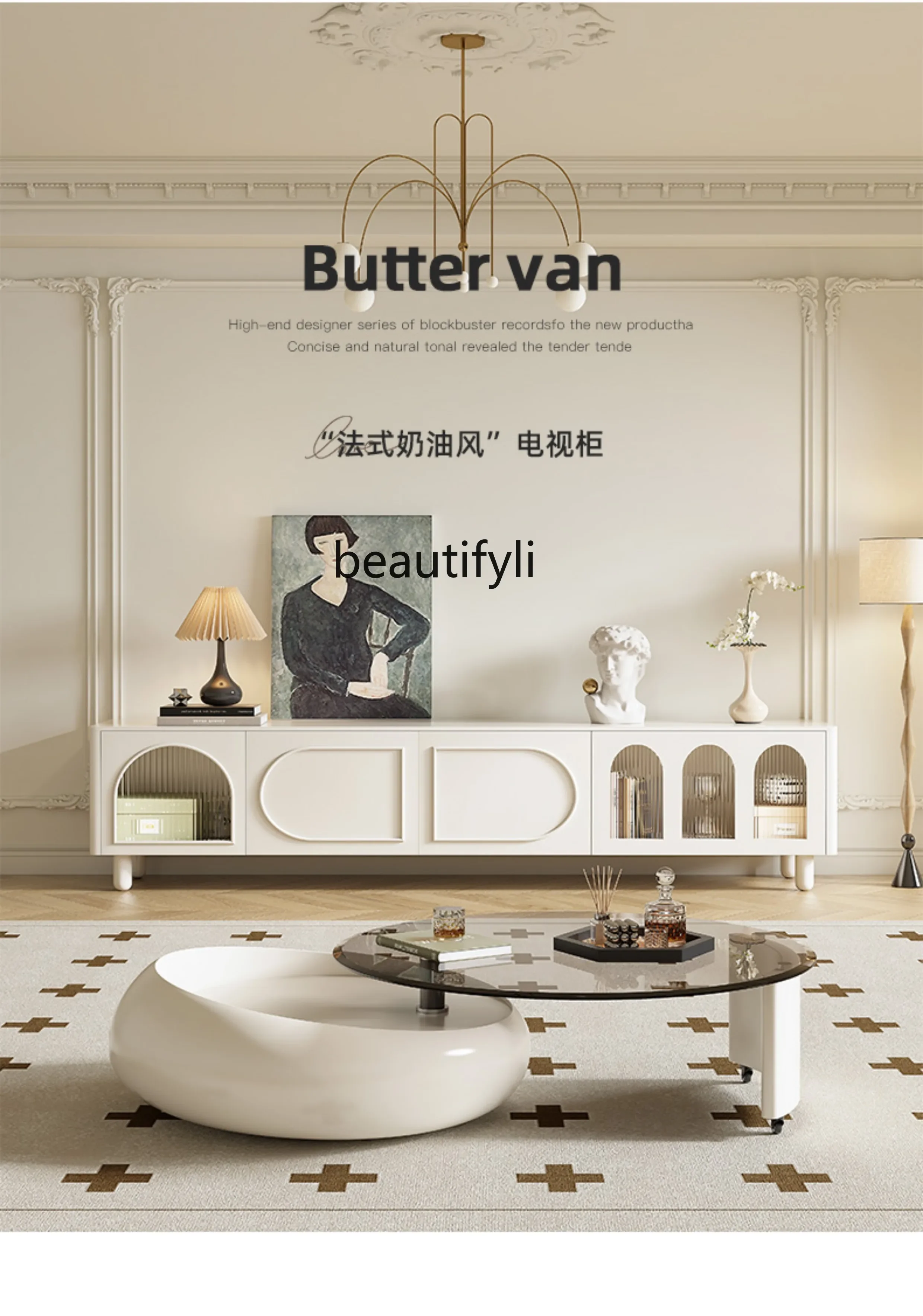 

smt14 French Cream Style Solid Wood TV Cabinet Tea Table Combination Retro Super Crystal Stone Paint Storage Floor Cabinet