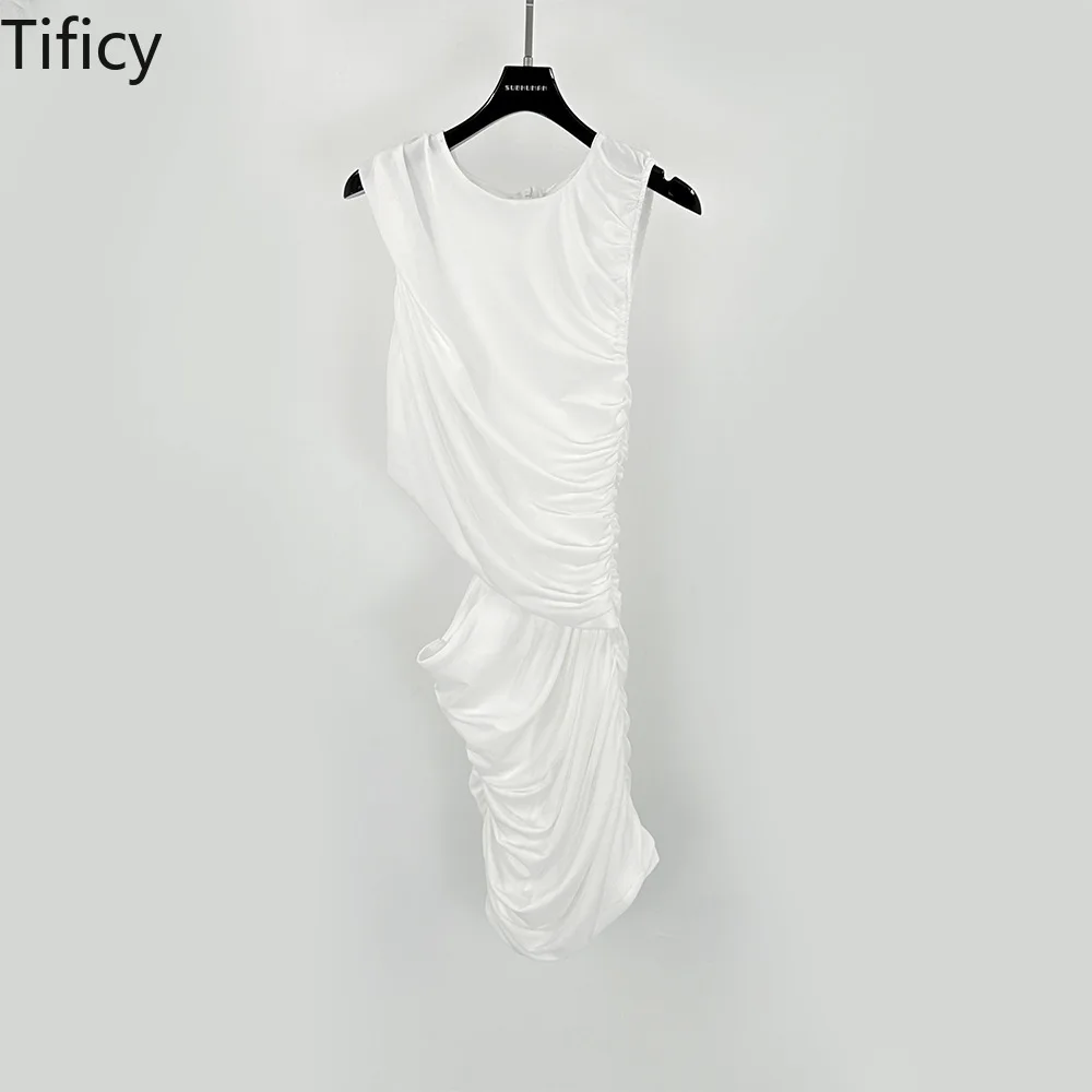 TIFICY High Street Women's Female French Elegant Temperament Sleeveless One-piece Mid Length Pleated Hip Hugging Slimming Dress