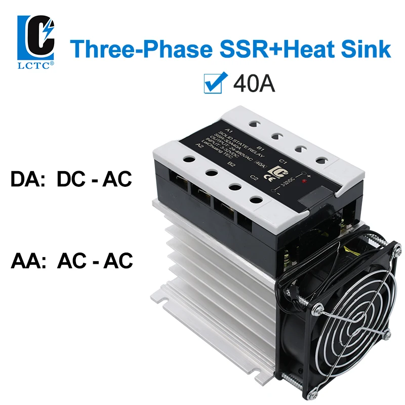 LCTC Three Phase Solid State Relay SSR With Heat Sink 40A Radiator Integrated DC to AC AC To AC 3-32VDC Control For Switch On-Of