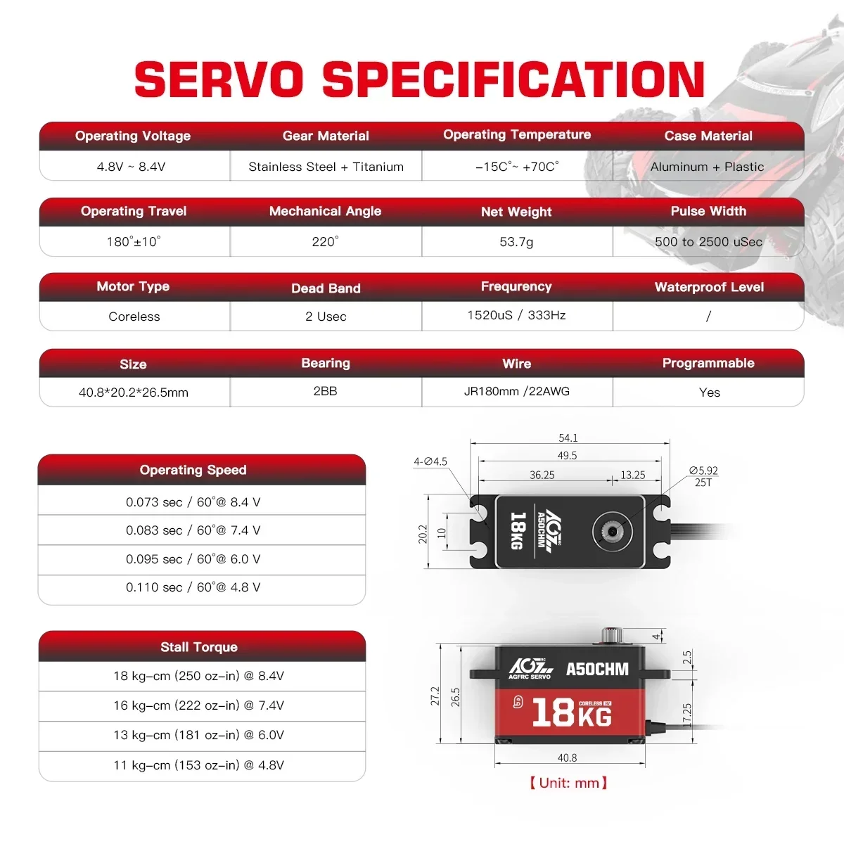 AGFRC A50BHL A50CHM a basso profilo programmabile 19KG 18KG Brushless Coreless Digital RC Servo per 1:10 1:12 RC Barca Aereo Auto