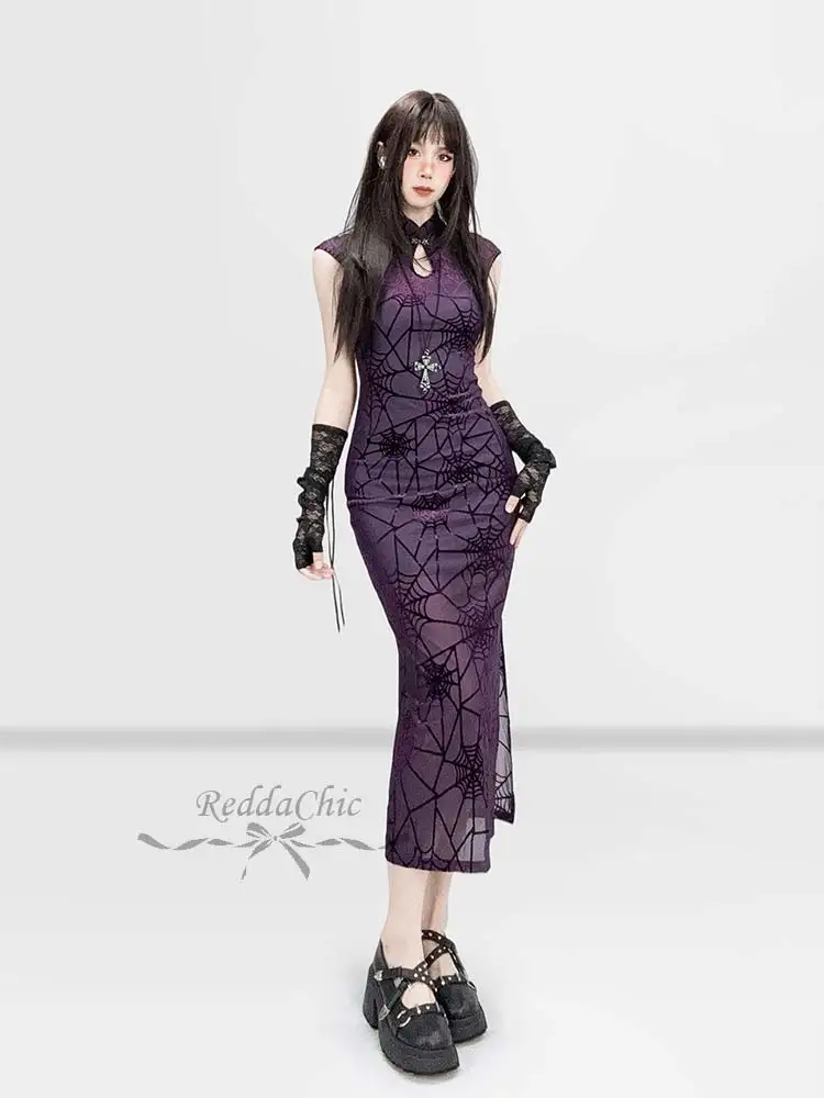 REDDACHiC Spider Web Split Qipao Dress Women Party Cap Sleeve Stand Collar Tight Chinese Cheongsam Halloween Alternative Clothes