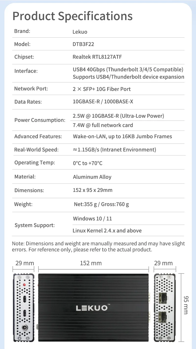 10G SFP+ to USB4 Adapter 2 Port 10GbE Converter 1.15GB/s Realtek RTL8127ATF Chip Support Thunderbolt 3 4 5 for Mac Windows Linux