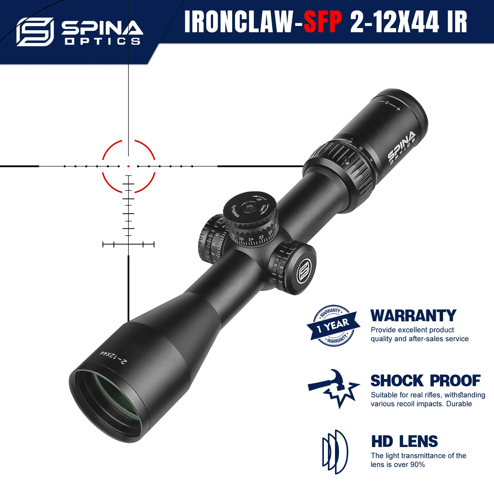 

SPINA OPTICS IronClaw HD 2-12X44 IR 5-100m Red Dot Glass Etched Reticle Riflescope PCP AR15 Rifle Scope 22LR .223 5.56etc