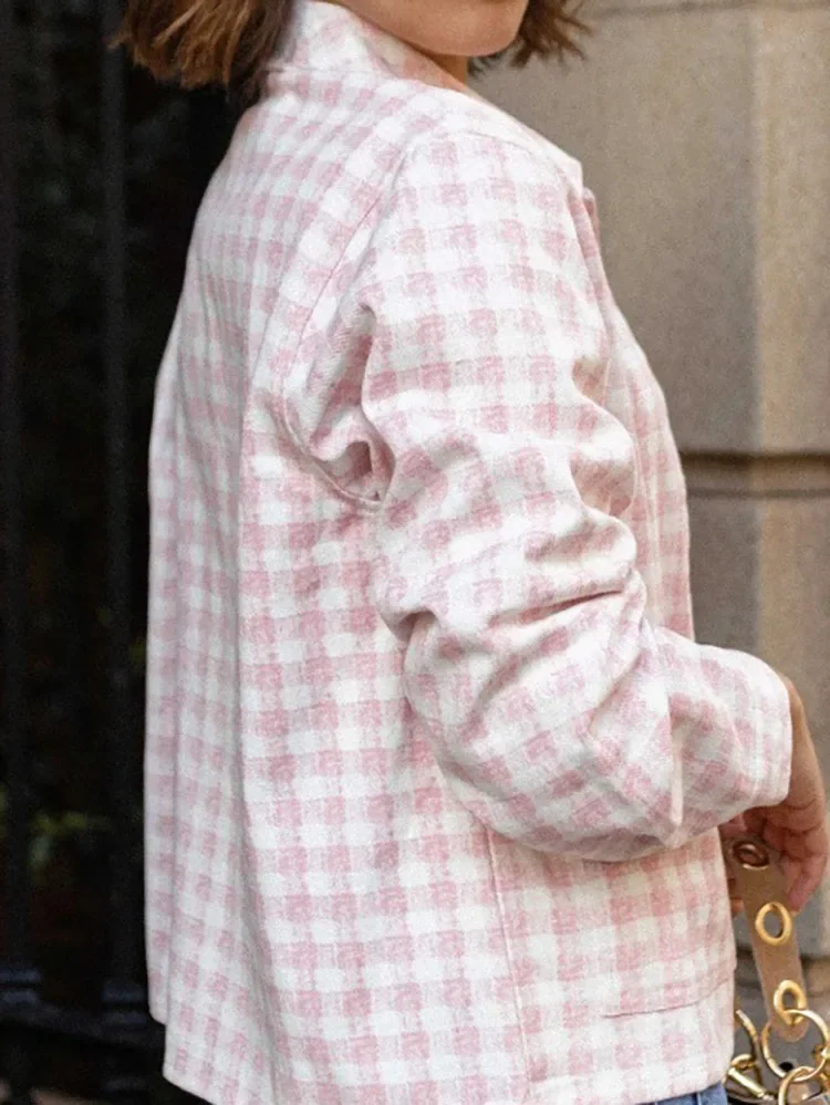 

Fashion Checkered Printed Pocket Outerwear Women Casual Lapel Single Breasted Coat Spring Autumn New Long Sleeve Commute Jacket