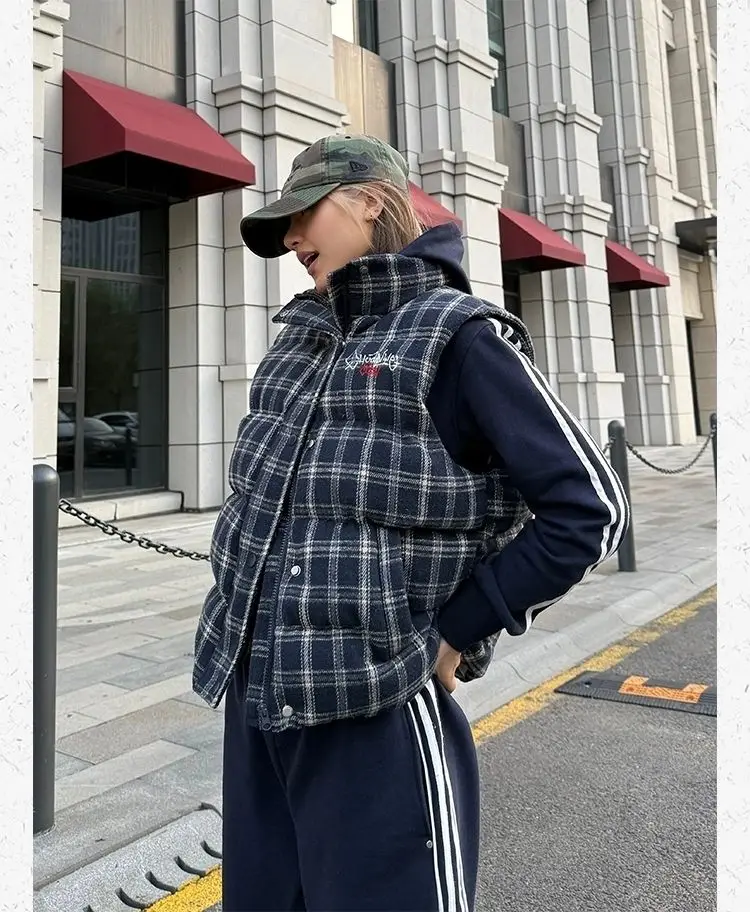 

Жилеты Жилеты Толстые женские без рукавов Осенний твидовый воротник-стойка Пледы с тремя пуговицами Академическая школа Классический консервативный многослойный