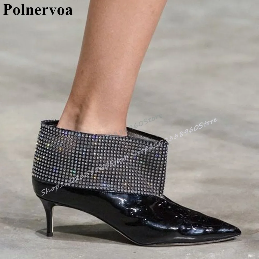 

Plus Size Black Crystal Patent Leather Slippers Mid Heel Shoes For Women Slip On Pointed Toe 2025 Fashion Zapatos Para Mujere