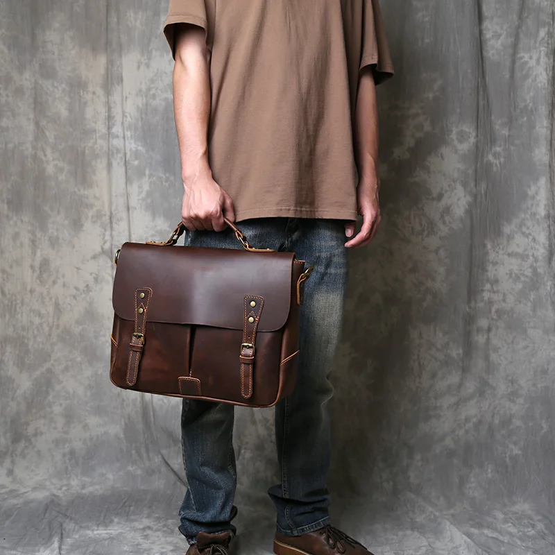 Vintage Cowhide Men's Handbag Business Briefcase Genuine Leather Computer Bag Handmade Bag Crazy Horse Leather Shoulder Bag