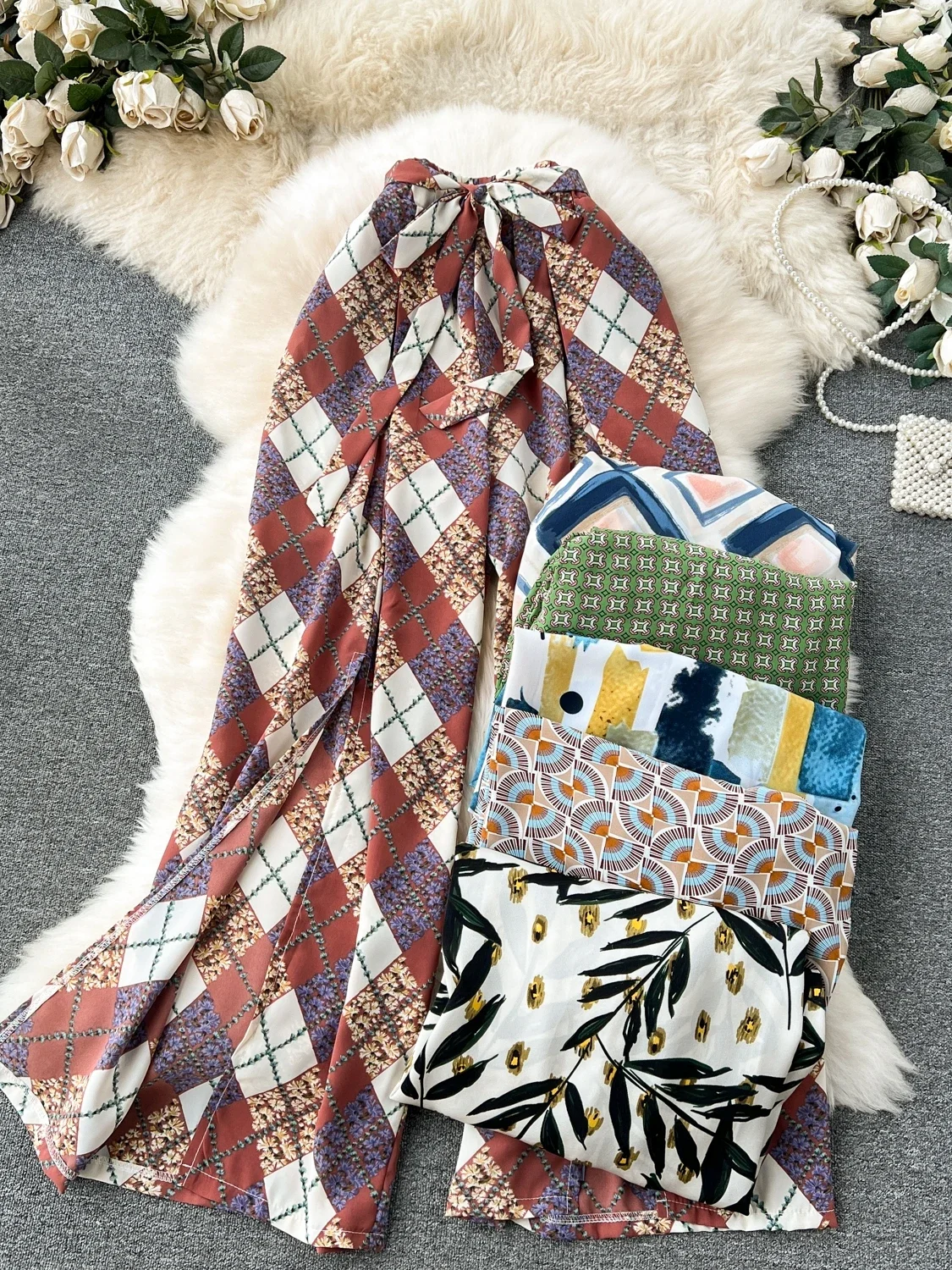 

holiday chiffon pants women floral wide leg pants summer seaside loose trousers