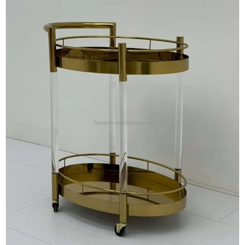 Factory Price Gold Stainless Steel &Acrylic 2-Layer Hotel Restaurant Service Drink Trolley Buffet Server Weeding Party Food Cart