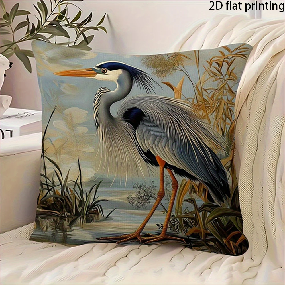 

2D Flat-1PC Vintage Heron Wetland Throw Pillow Cover ,Suitable for beds, sofas, lounge chairs, home decoration.