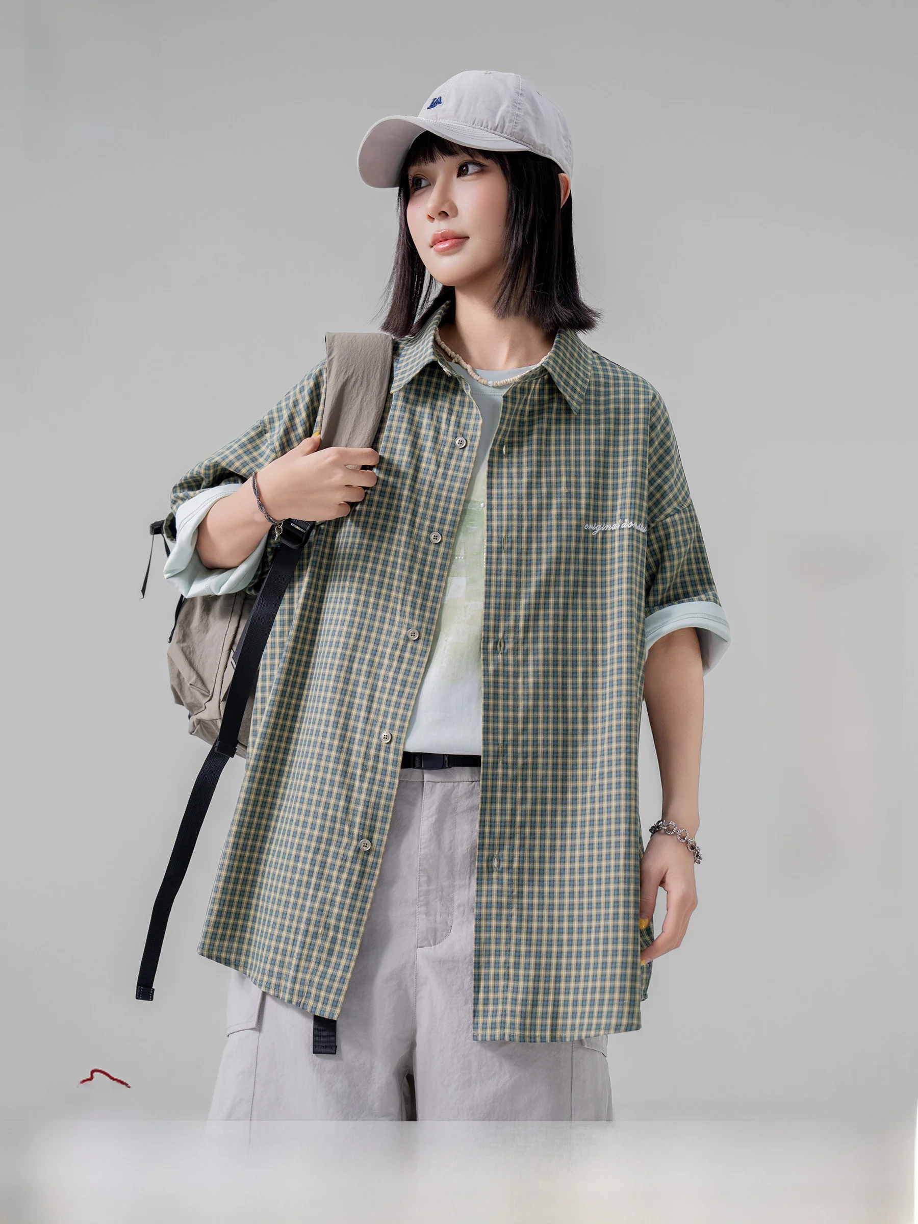 American Retro Plaid Short Sleeve Shirt Men's Summer New Back Rivet Design Cardigan Coat Trendy Loose Fit Casual Style Polyes...