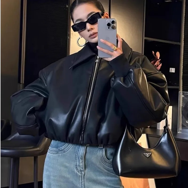 2024 Fall Winter Pu Leather Jackets Women Oversized Lapel Collar Full Sleeve Cotton Padded Parkas Female Fashion Crop Streetwear