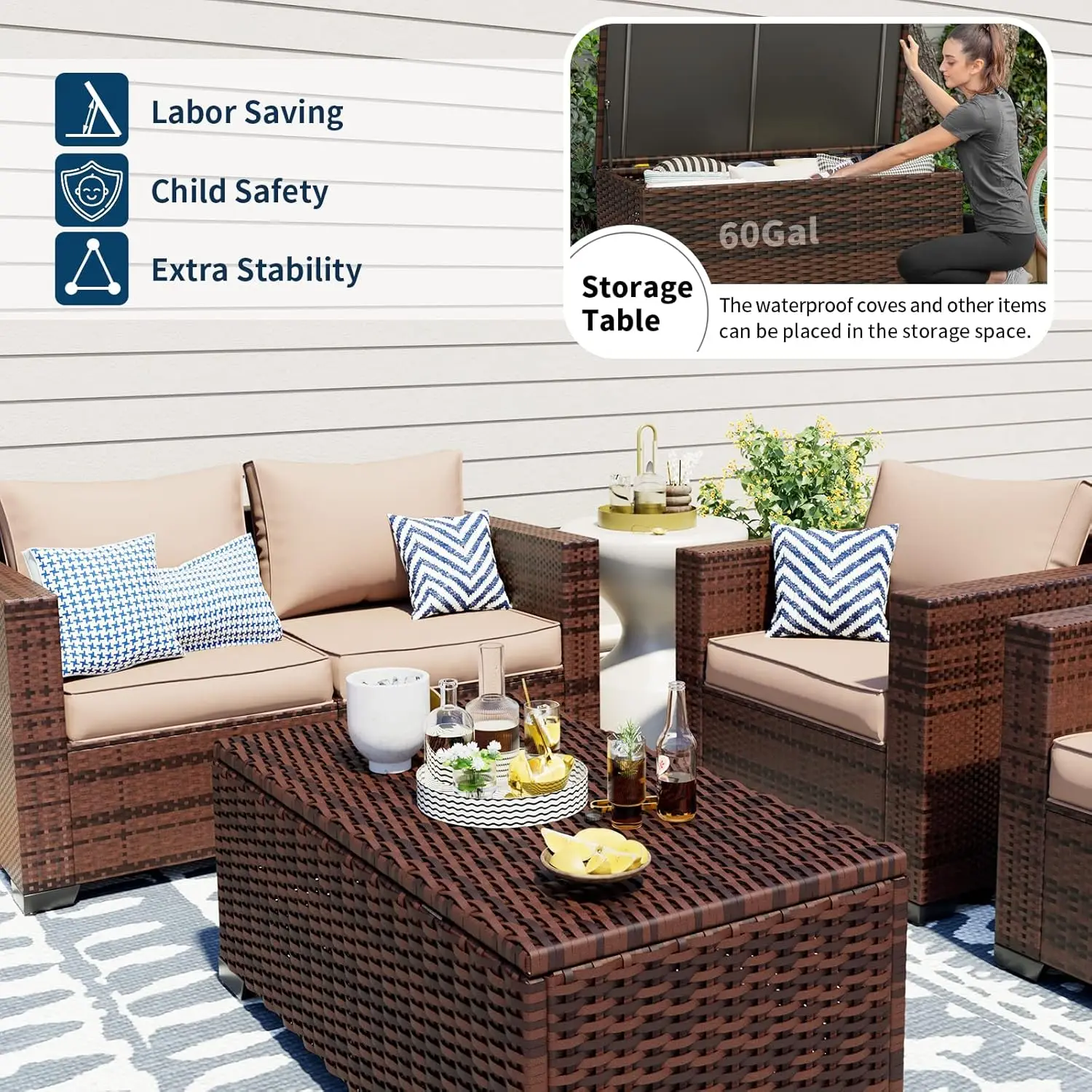 Outdoor Patio Furniture Set 5 Piece Wide Armrest Rattan Patio Sofa Sets w/Storage Table for Poolside Deck Backyard