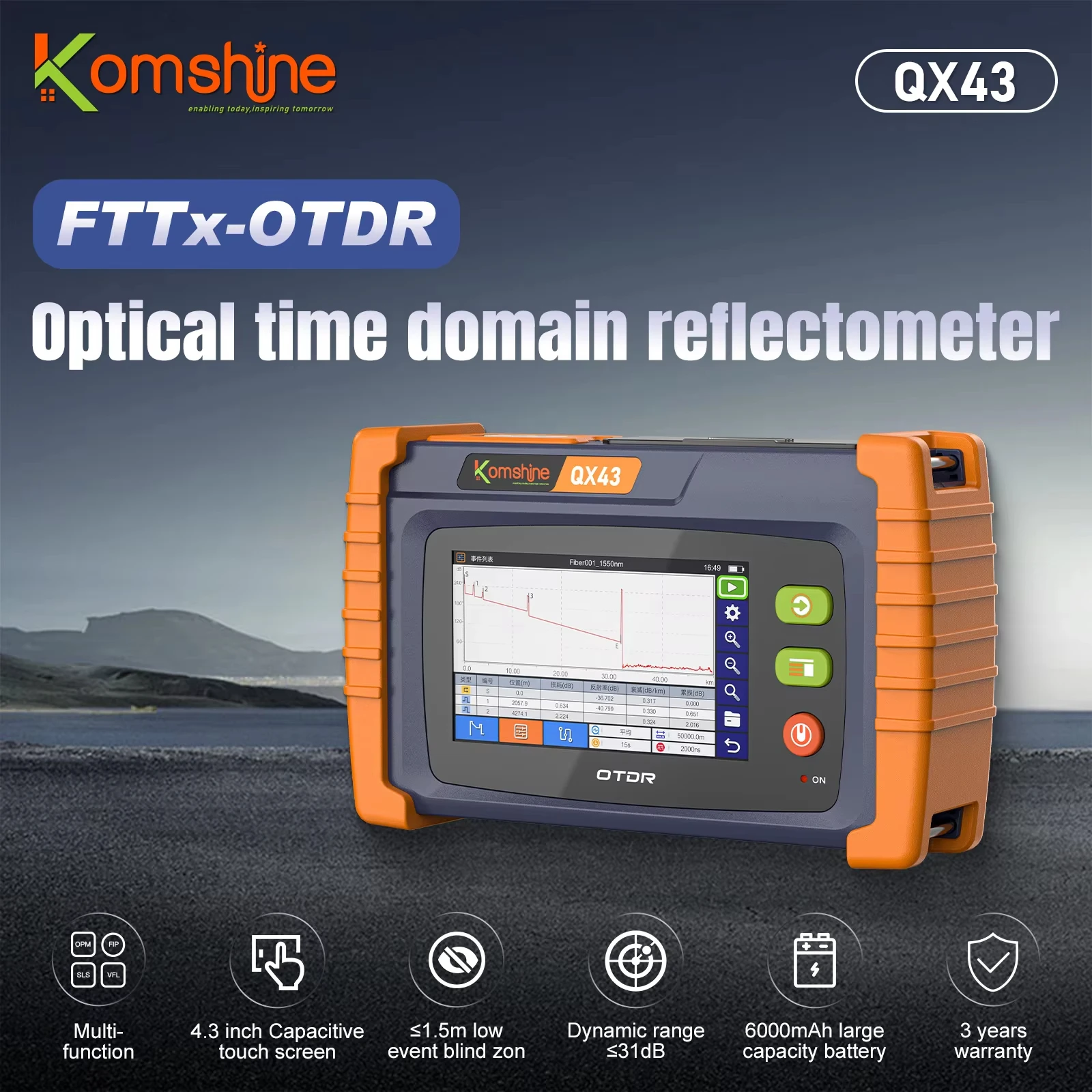 KOMSHINE FTTX OTDR QX43 SM/PON Touch Screen OTDR UP to 9 Wavelengths W/OPM, VFL, OLS , RJ45 Function SC/FC Tips Could Change