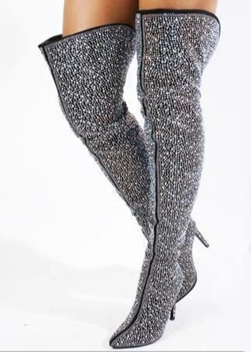 Bling Bling Crystal Embellished Over The Knee Boots Pointed Toe Wide Calf Cover Heels Winter Long Boots Drop Shipping