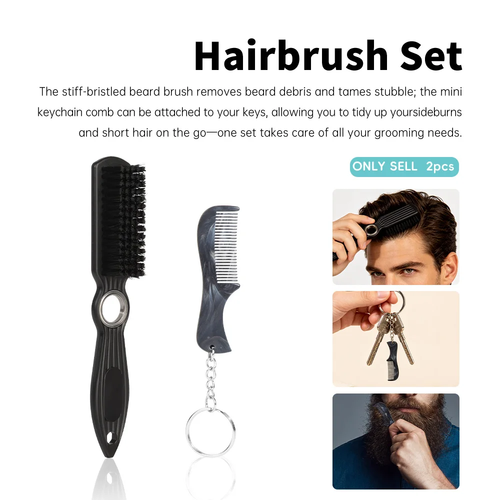 Men's 2-Piece Beard Brush Keychain Pocket Comb Set, Hard-Bristled Beard Residue Cleaning Brush, Portable Small Comb, Beard and Sideburn Styling, Home Barber Shop Travel Grooming Set