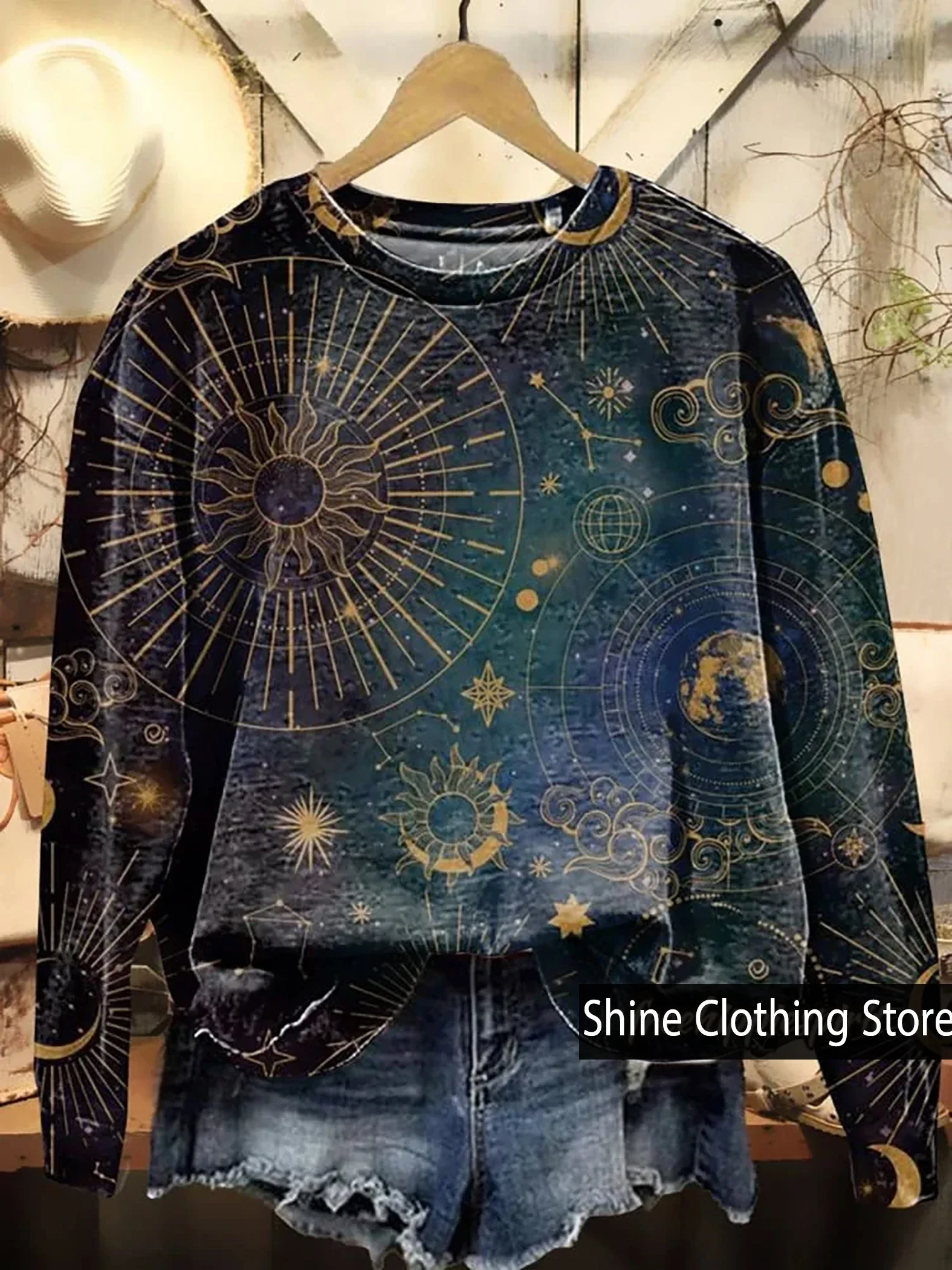 

Sun and Stars Art Print Casual Sweatshirt, Women's Clothing, Sudaderas Para Mujer, Winter Clothes Women,Plus Size