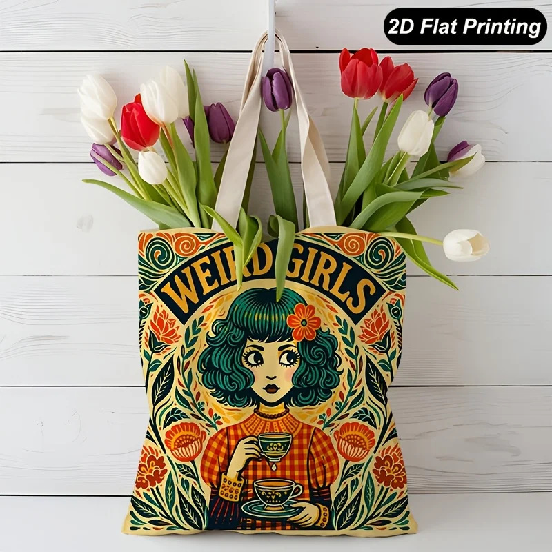 Unisex Tote Bag 2d Flat Weird Girls Vintage Canvas Handbag Shoulder Bag Commuter Canvas Bag Portable Shopping Bags Fashion