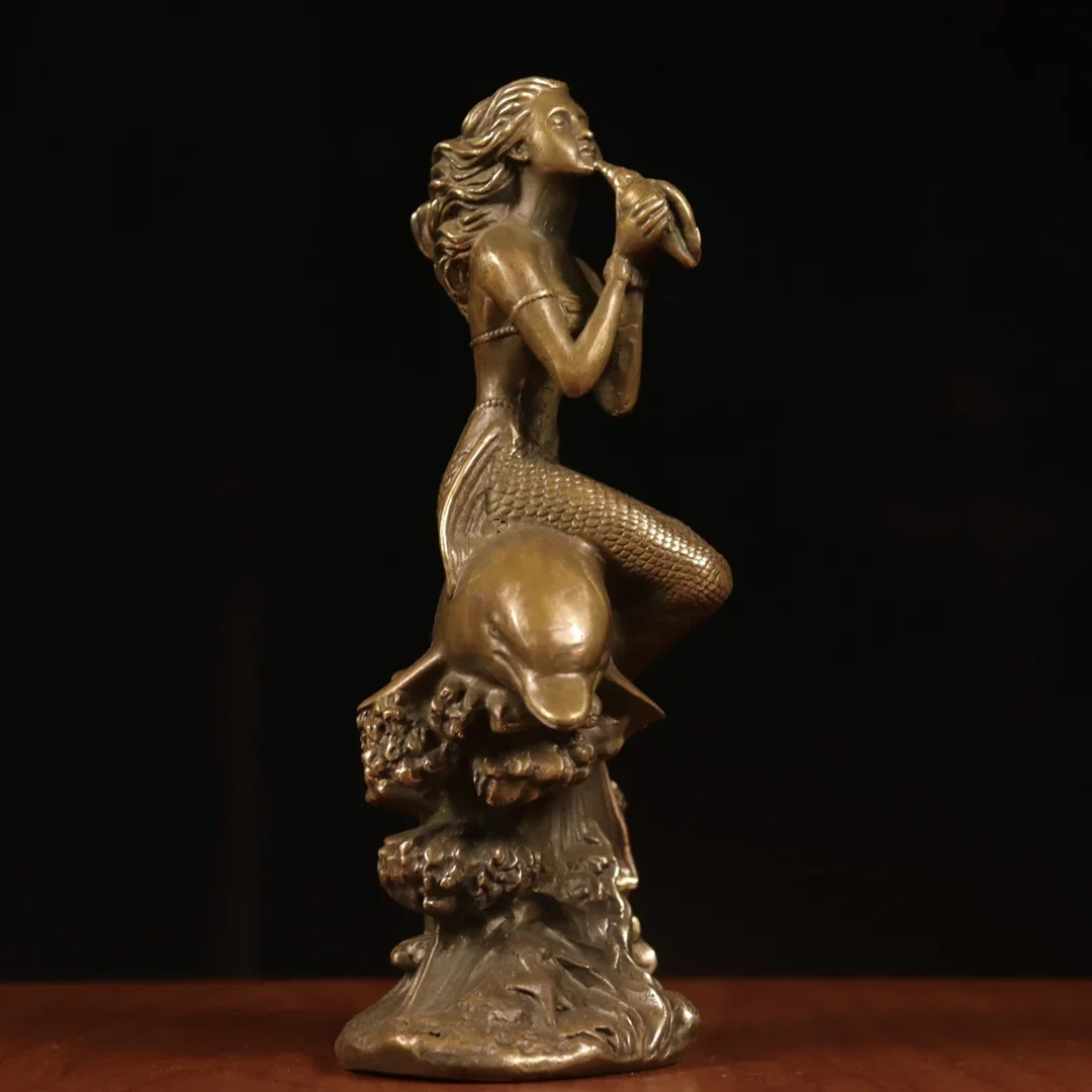 Chinese Brass Beauty Dolphin Conch Girl Statue Collection Decoration