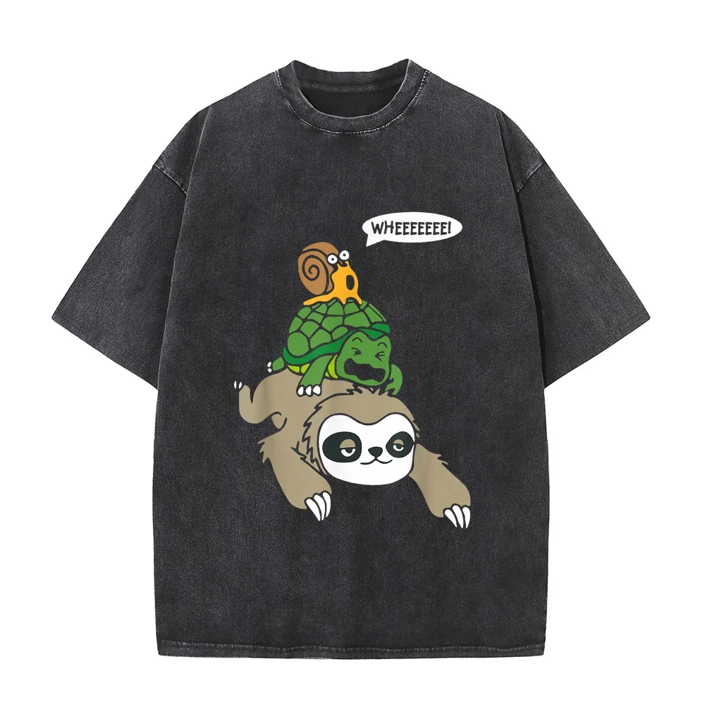Sloth Turtle Snail Piggyback Animal Running Wild T-Shirt Рубашка Oversize Hombre Polera Short Sleeve 100 Cotton Men Shirt