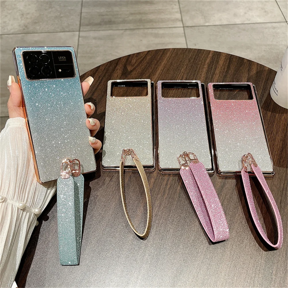 

Plating Gradient Wrist Strap Phone Case For XiaoMi Mix Fold 3 Glitter Powder Protective PC Hard Shell Protection Fold3 Cover