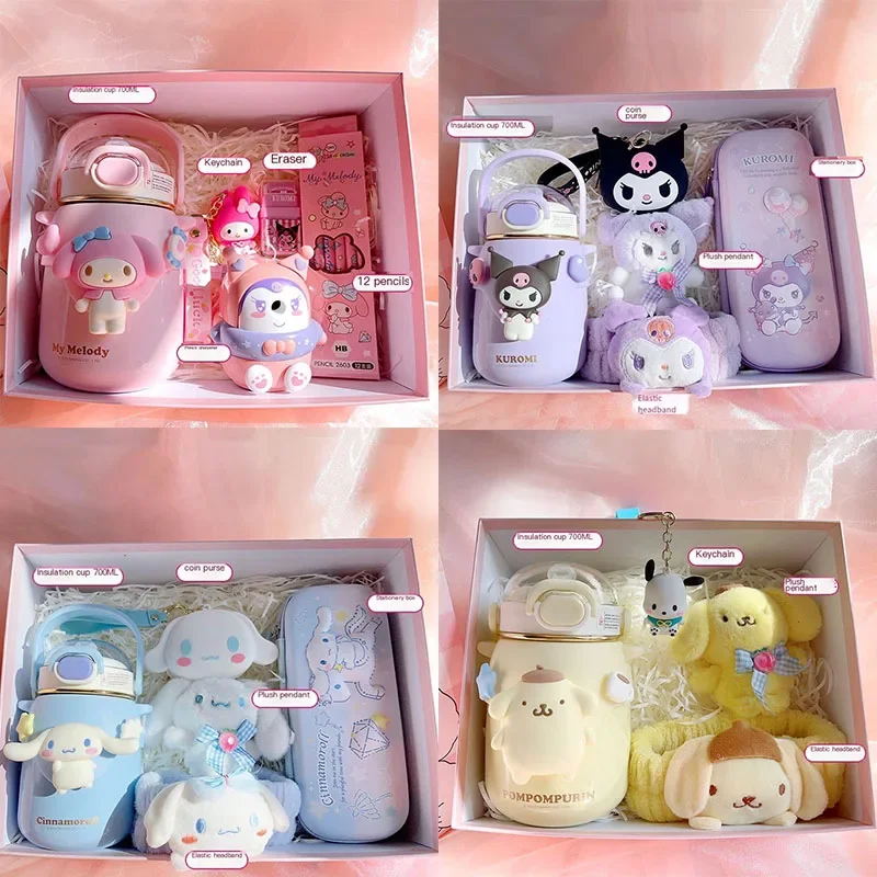 Anime Sanrioed Cinnamoroll Kuromi Melody Kids Birthday Gift Box 700Ml Thermos Cup Student Stationery School Supplies Girls Gift