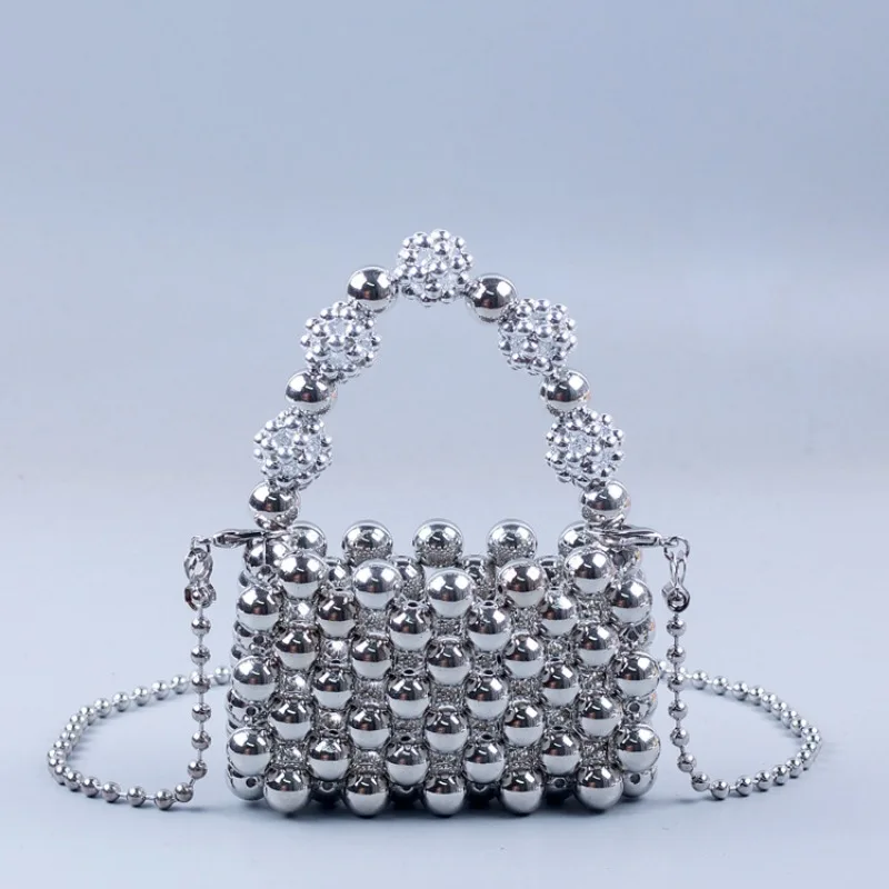 

Mini Bag Design Electric Silver Hand Woven Beaded Handbag Ladies Party Wedding Lipstick Bag Hollow Out Chain Crossbody Bag 2023