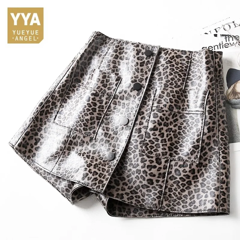 

Spring Shorts Women Sheepskin Genuine Leather Shorts Black Brown Leopard Print High Waist Pocket Short Feminino Sexy Hot Shorts