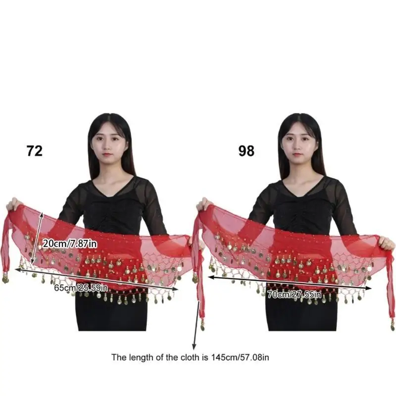 39BD ベリーダンスヒップスカーフ、シフォンベリーダンスヒップスカーフベルト、72/98ゴールドコイン付き、ヨガクラスベリーダンススカートラップ用