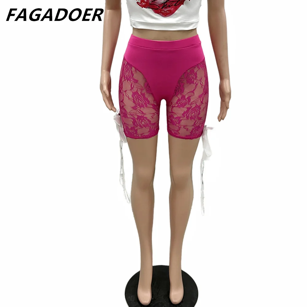 FAGADOER Sexy Lace Perspective Bow Bandage Shorts Women High Waist Elastic Skinny Shorts Fashion Summer New Bottoms Streetwear