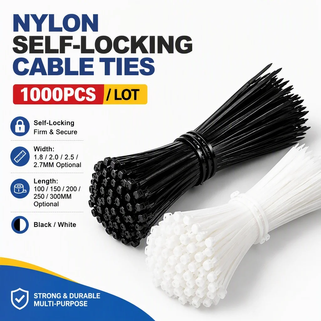 Self Locking Nylon Cable Ties 1000PCS White Black Zip Ties 3 4 5mm Width 100-300mm Wire Organizer Industrial Fastener Kit Bulk