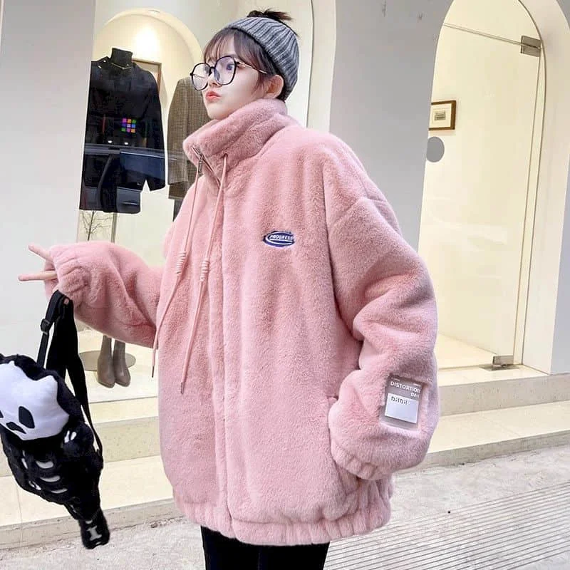 Plush Coats for Women Stand Collar Long Sleeved Casual Vintage Jackets Solid Oversized Fluffy Winter Clothes Women Fashion Coats